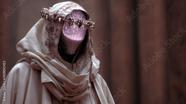 Obraz A Christian-inspired Japanese cyberpunk cyborg monk with pale skin, a glowing faceplate helmet, high collar, oversized hood, and layered fabric with intricate designs and holographic prints.