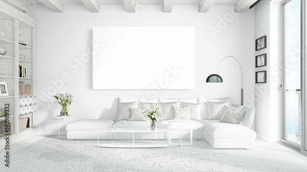 Fototapeta Modern bright interior with empty frame . 3D rendering