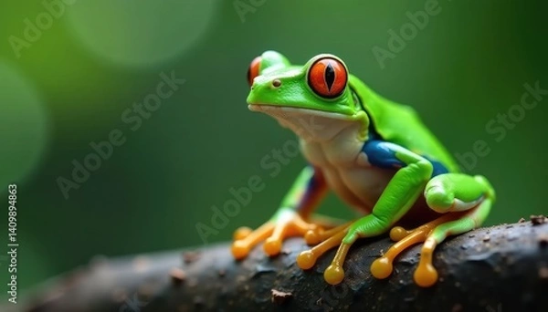 Fototapeta Green tree frog perched on white, vibrant colors, isolated, single frog, amphibian photography