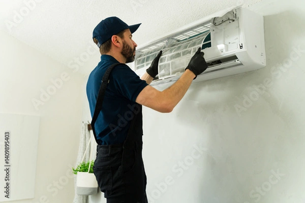 Obraz Technician cleaning air conditioner filter during maintenance service
