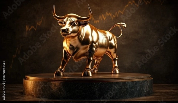Fototapeta Golden bull statue on dark marble base, set against a stock market graph backdrop