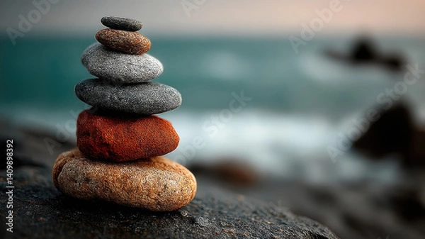 Fototapeta A pile of smooth rounded stones stacked carefully, set against a stunning ocean backdrop, the stones vary in color from gray to brown, casting soft tones that stand out against the dark waters beneath