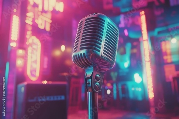 Obraz A karaoke bar featuring an array of colorful lights, microphones, and enthusiastic singers