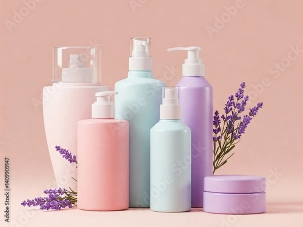 Obraz Flat illustration style product design of cosmetic bottles in matching pastel colors