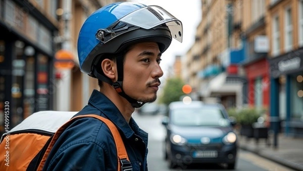 Obraz Urban Delivery Worker Portrait with Blue Helmet, Thoughtful Expression, and City Street Background in Cinematic Style