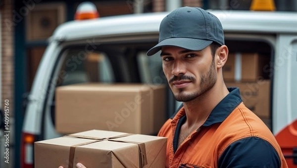 Obraz Confident Young Male Delivery Driver in Clean-Cut Uniform, Surrounded by Cardboard Packages and Urban Backdrop in Realistic Professional Lighting