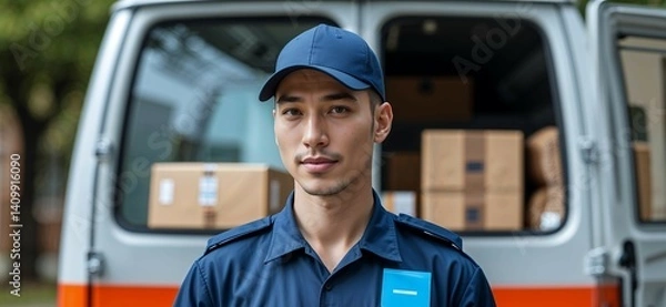 Obraz Delivery Driver Portrait in Blue Uniform and Baseball Cap Standing Confidently in Front of a Van with Cardboard Boxes in an Urban Setting