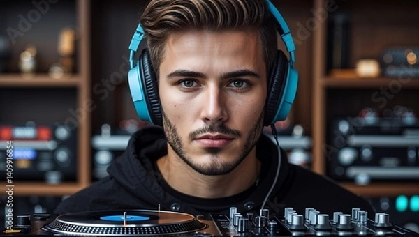 Obraz Young Male DJ with Headphones Using a Mixing Console in a Studio with Dramatic Lighting, Blue Glow, and an Intense Gaze in a Cinematic Urban Style