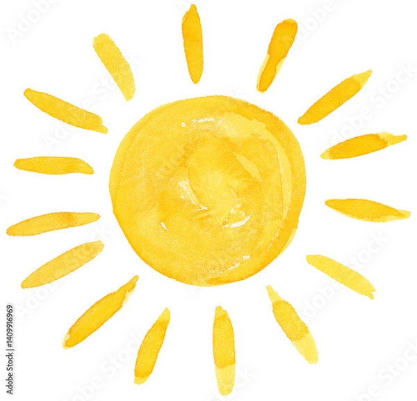 Fototapeta Sun Watercolor Whimsical Style, Sunshine with Rays on Isolated Background