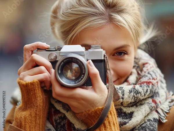 Obraz young woman taking a photo with analog camera travel life style.