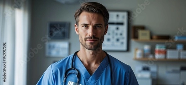 Obraz Portrait of a Male Medical Professional in Blue Scrubs with Stethoscope and Beard, Captured with Studio Lighting in a Hospital Setting