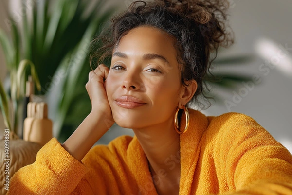 Obraz Smiling woman in an orange robe, exuding relaxation and confidence at home.