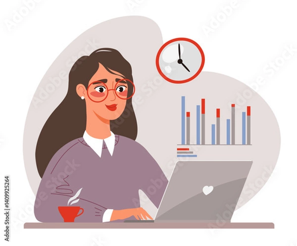 Fototapeta Woman working on analytics, writing a report on a laptop, vector illustration