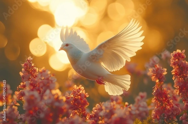 Obraz Dove in Flight over Flowers with Golden Bokeh Background Creating a Warm and Dreamy Atmosphere