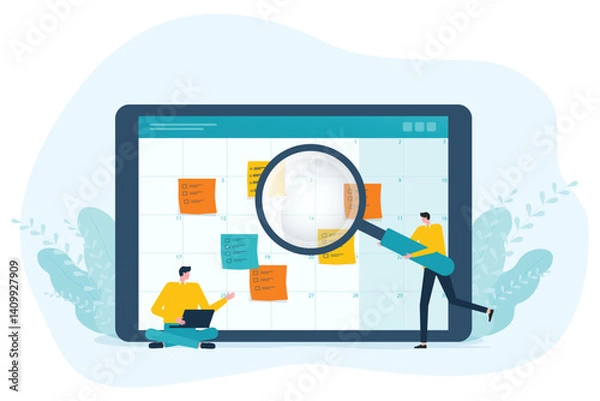 Obraz Business planning concept and Business people team working management project schedule with digital online calendar. Flat vector illustration design
