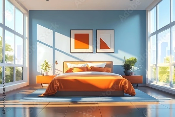 Fototapeta Modern Bedroom Interior Design with Vibrant Colors, Large Windows, and Tropical Style Decor Elements