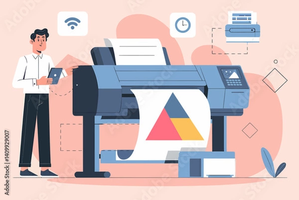 Obraz Man using large format printer for design, connected wirelessly via tablet