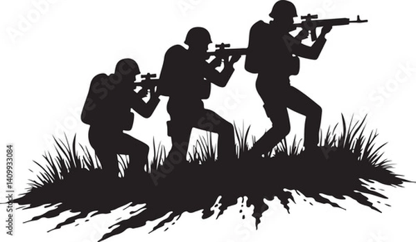 Fototapeta Soldiers Advancing Silhouette – Military Combat Illustration

Tactical Army Team – Black and White Soldier Silhouette Art

Combat Patrol in Motion – Military Operation Graphic