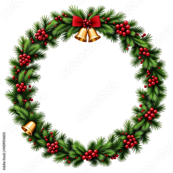 Fototapeta Christmas wreath with pine branches, red berries, and golden bells isolated on transparent background