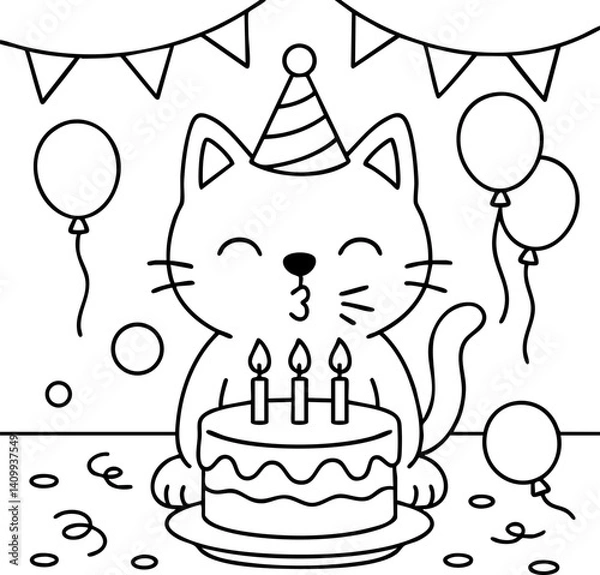 Fototapeta Dessin au trait pour page ou livre de coloriage de chat mignon et amusant. Trait simple et facile, vecteur noir transparent. 
