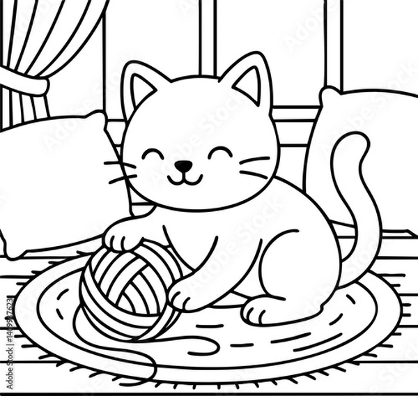Fototapeta Dessin au trait pour page ou livre de coloriage de chat mignon et amusant. Trait simple et facile, vecteur noir transparent. 