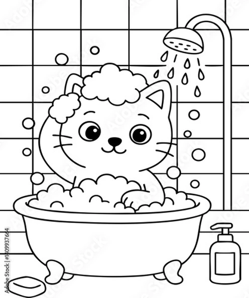 Fototapeta Dessin au trait pour page ou livre de coloriage de chat mignon et amusant. Trait simple et facile, vecteur noir transparent. 