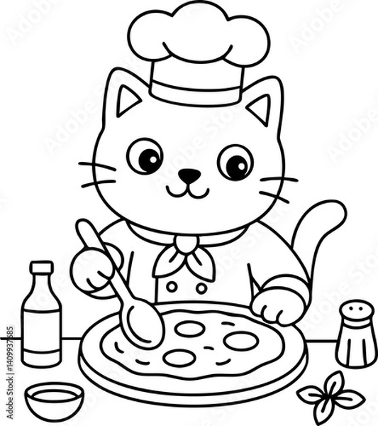 Fototapeta Dessin au trait pour page ou livre de coloriage de chat mignon et amusant. Trait simple et facile, vecteur noir transparent. 