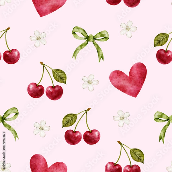 Fototapeta Seamless pattern with cherries, green leaves,cherry blossom, bows and hearts. Cute watercolor summer background with berries. Perfect for summer fabrics, kitchen textiles, valentine, wrapping paper.