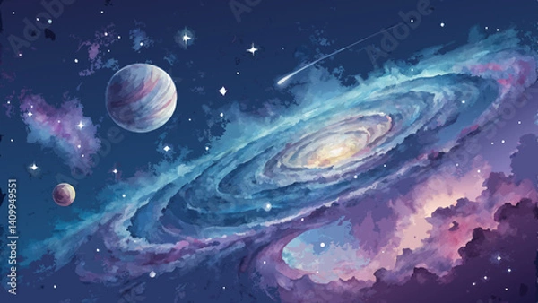 Fototapeta  *Cosmic Watercolor Background – Deep Blues & Purples with Swirling Galaxies & Stars (Evoking Wonder & Exploration with Copy Space)* 