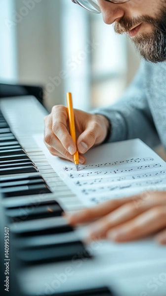Fototapeta Composer writing music by hand on blank staff paper, vintage piano and open notebook nearby in a