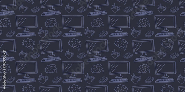 Fototapeta Seamless doodle pattern with computer monitors, keyboards, mice, coffee cups, and clouds on a dark background.