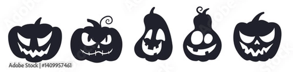 Fototapeta Funny and spooky pumpkin faces in black silhouette style. Different shapes and expressions. Halloween vector clipart. Use for stickers, decor, print, kids crafts
