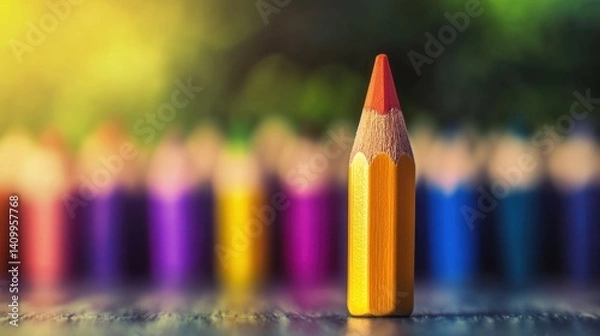 Fototapeta A single yellow pencil stands prominently in focus, surrounded by a blurry array of colorful pencils. This image captures the essence of creativity and education.