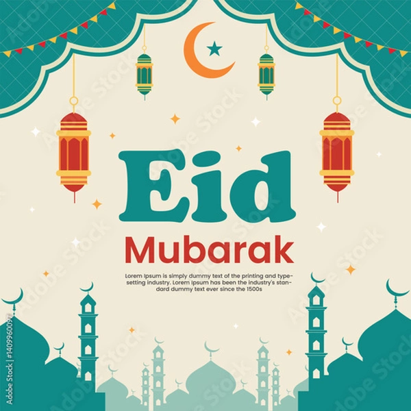 Obraz Eid al Adha Mubarak Mubarak with moon mosque and lanterns


