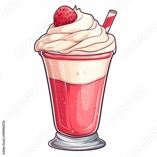 Obraz Sweet Strawberry Milkshake with Whipped Cream and Ice Cream - Delicious Dessert and Refreshing Summer Beverage in Artistic Vector Illustration