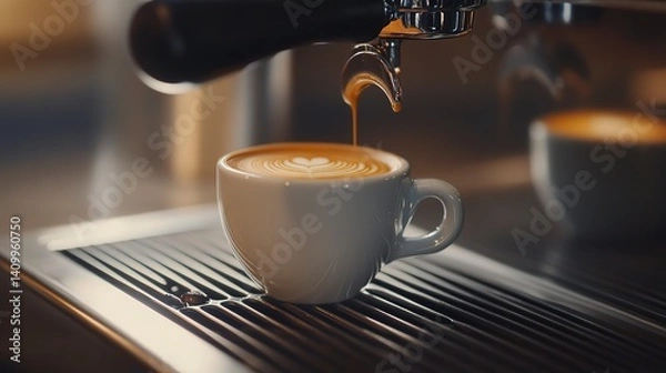 Fototapeta A moment of pure caffeinated bliss, a perfectly poured latte art crowning a warm ceramic cup, gleaming under the soft glow of the espresso machine.