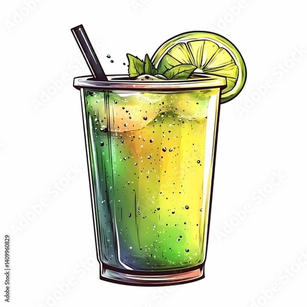 Obraz Refreshing Mojito Illustration. Vibrant Summer Cocktail with Lime, Mint, and Festive Garnish