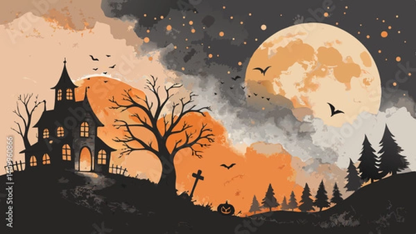 Fototapeta *Abstract Watercolor Background in Soft Black & Orange Washes with Haunted House & Moon Silhouettes – Mysterious Halloween Design with Copy Space*  
