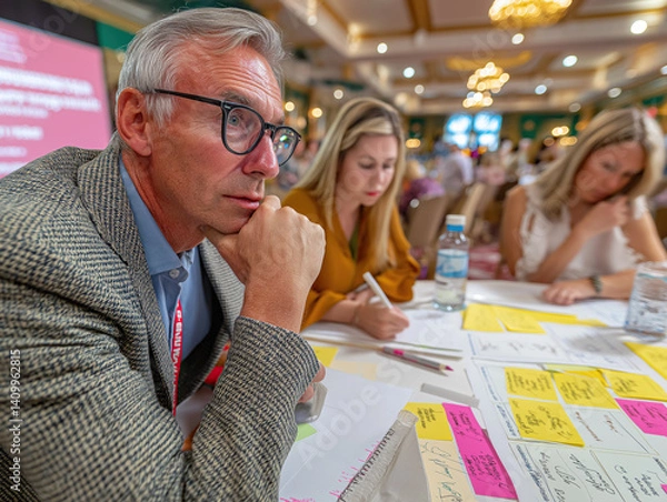 Obraz Focused professionals engaging in discussions at a workshop, emphasizing collaboration.