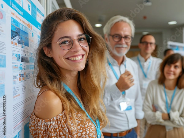 Obraz Smiling woman at a conference, showcasing confidence and collaboration in research.