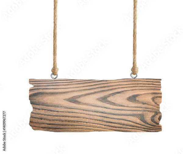 Fototapeta one blank wooden sign hanging on rope on white isolated background