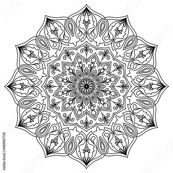 Fototapeta Mandala Lines, Abstract Flower Black Lines for Coloring, Coloring Book