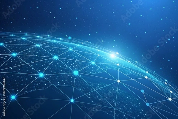 Fototapeta Futuristic Digital Network – Glowing Blue Mesh of Connected Nodes on a Virtual Grid
