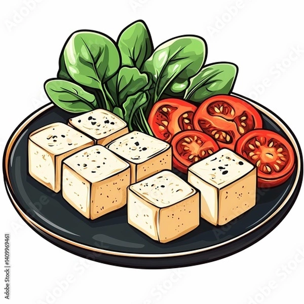 Fototapeta Nutritious Vegetarian Tofu and Spinach Salad with Sliced Tomatoes Organic, Fresh, and Packed with Protein for a Healthy Meal