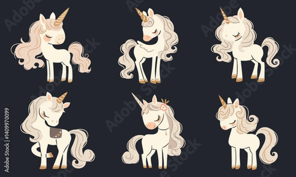 Fototapeta A set of flat vector illustrations in a simple childish style. Cute unicorns and pegasi on dark background. Vector illustration