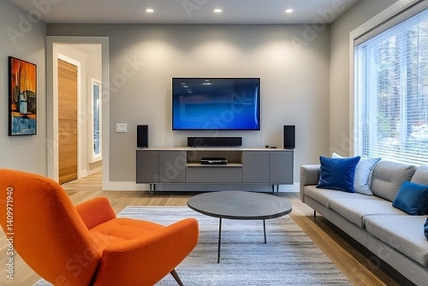Fototapeta Modern Living Room Interior with Orange Armchair, Grey Sofa and TV Decor