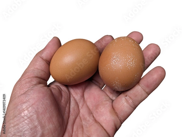 Fototapeta Two Brown Chicken Eggs Held in Hand isolated on Transparent or White Background