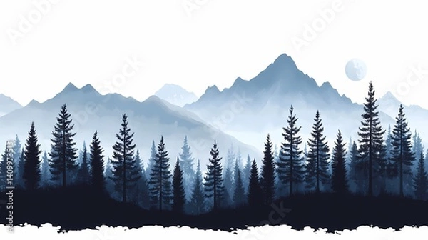 Obraz Serene Scenic View of Forested Mountains at Sunset: Dramatic Nature Silhouette with Blue Sky and Moon