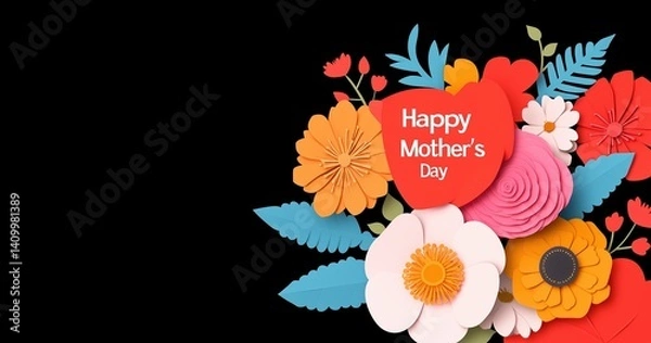 Fototapeta Elegant paper-style vector background with red tones, spring flowers, and green leaves framing "Happy Mother's Day" text, perfect for Mother's Day greetings, posters, and seasonal celebration concepts