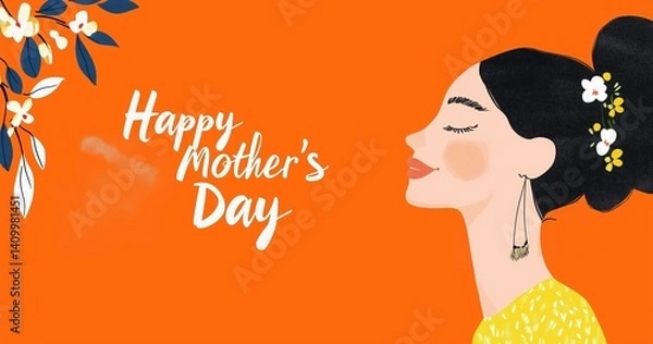 Fototapeta Elegant paper-style vector background with red tones, spring flowers, and green leaves framing "Happy Mother's Day" text, perfect for Mother's Day greetings, posters, and seasonal celebration concepts